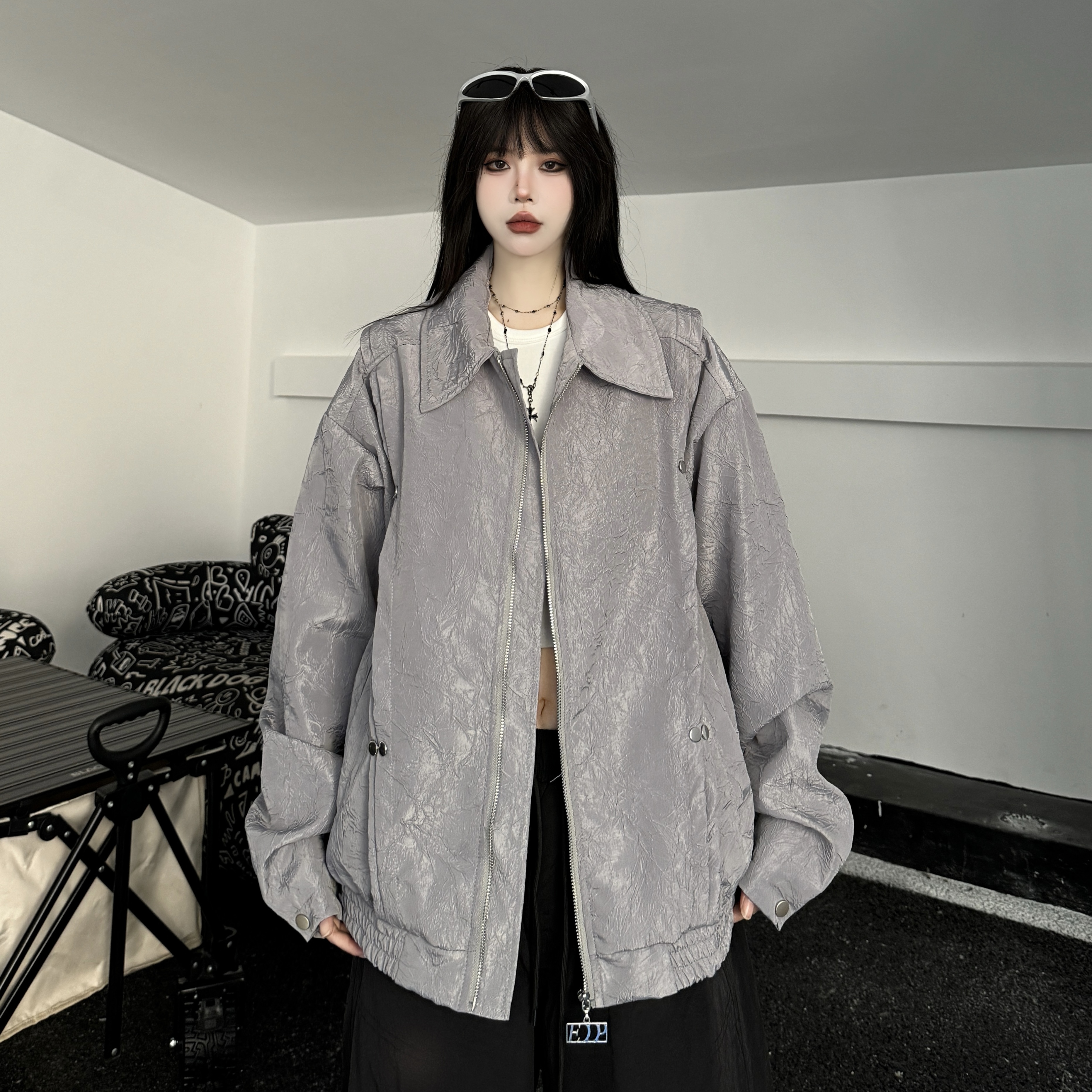 實拍#美式復古設計感重工柳釘褶皺外套女2024新款寬鬆翻領夾克潮