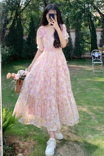 Plus size women's forest sweet floral dress summer French gentle style girl tea break dress waist princess dress