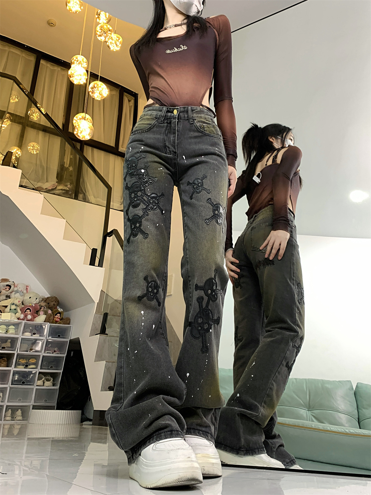 實拍~潑墨骷髏貼皮刺繡顯瘦修身牛仔褲女直筒休閒褲子