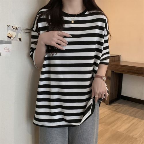 实拍  6535棉鱼鳞美式条纹短袖t恤女oversize