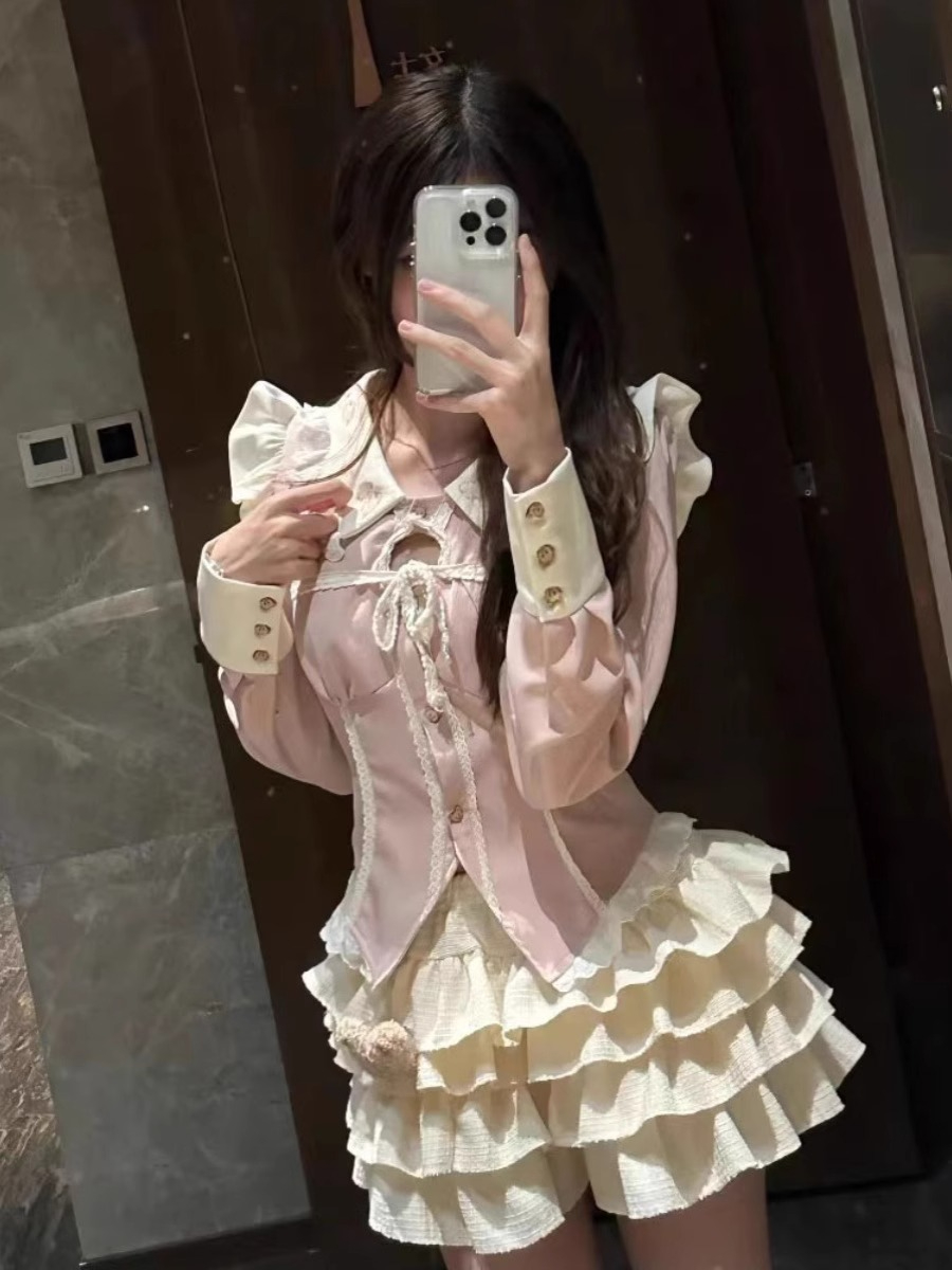 小個子甜美套裝粉色娃娃領長袖襯衫上衣女裝春秋蛋糕半身裙兩件套