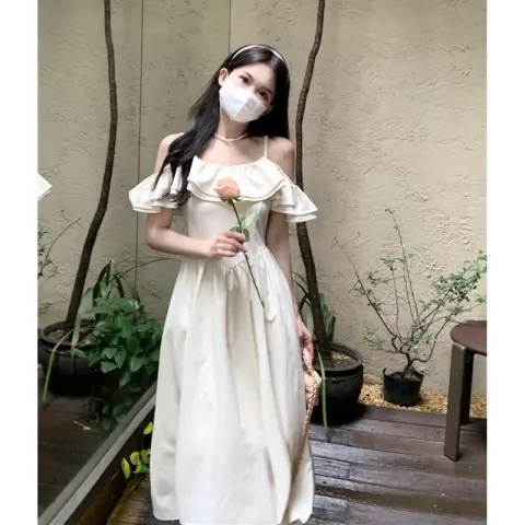 加內襯加拉鏈!一字肩吊帶連衣裙女夏裝2024年新款收腰顯瘦裙子