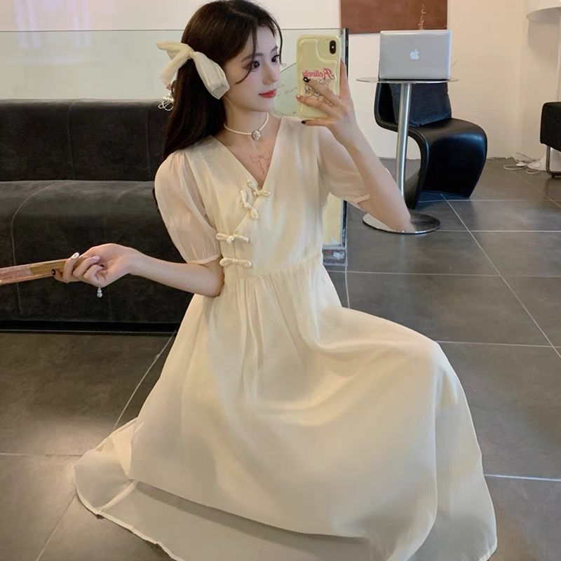 改良旗袍國風連衣裙女2024春夏季新款高腰V領短袖白色氣質長裙女