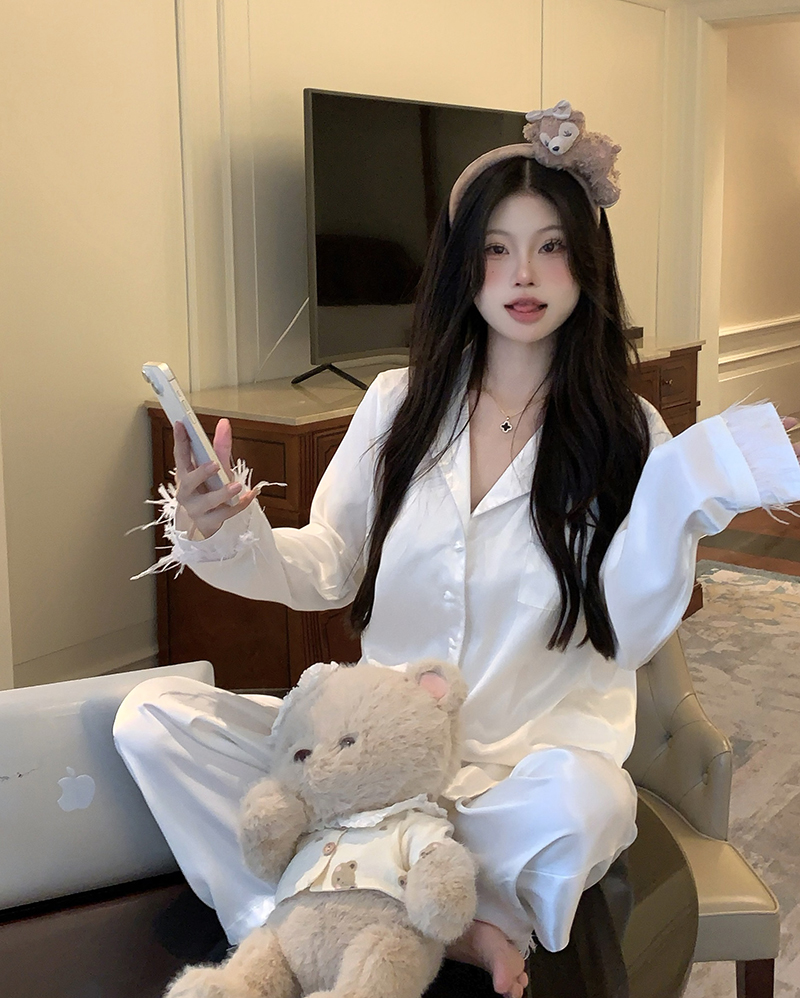 Actual shot of the new spring style pajamas set with fringed cuffs that can be worn outside