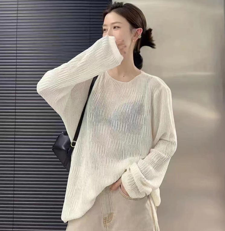 Summer plus size women's ice silk sweater long-sleeved hollow thin outer blouse loose outer sun protection top