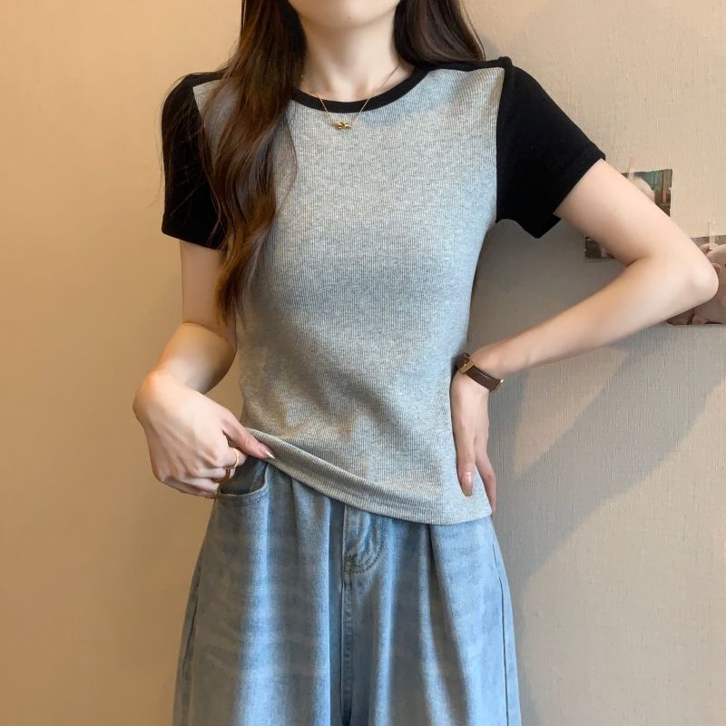 實拍  40支純棉 2024夏裝撞色短袖T恤女彈力短款上衣