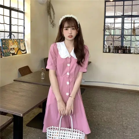 夏季2024新款甜美娃娃領收腰顯瘦很仙的粉色洋氣短袖連衣裙女裙子