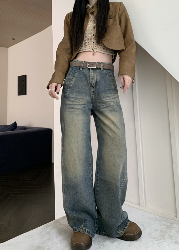 Real shot of American retro denim trousers for women, washed versatile loose wide-leg pants
