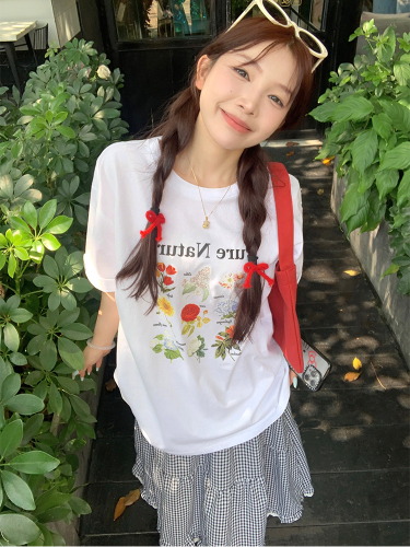 Actual shot of spring and summer Korean chic simple flower printed T-shirt short-sleeved tops