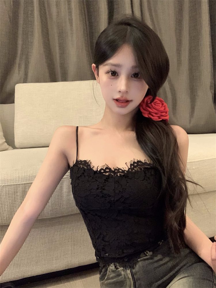實拍 新款純欲美背修身辣妹蕾絲吊帶上衣
