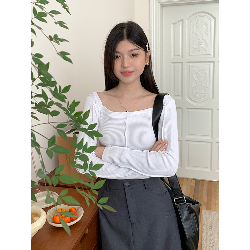 Real shot of right shoulder long sleeve T-shirt bottoming shirt for women 2024 spring with fishbone curved hem short top
