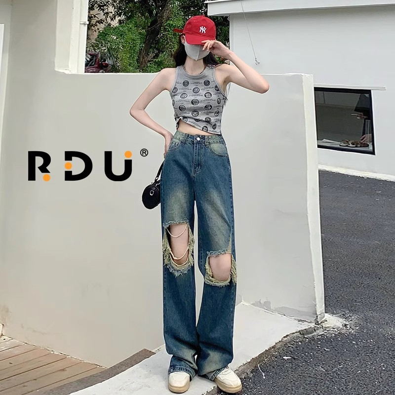 辣妹復古做舊大破洞直筒牛仔褲2024新款女潮搭顯瘦薄款闊腿褲