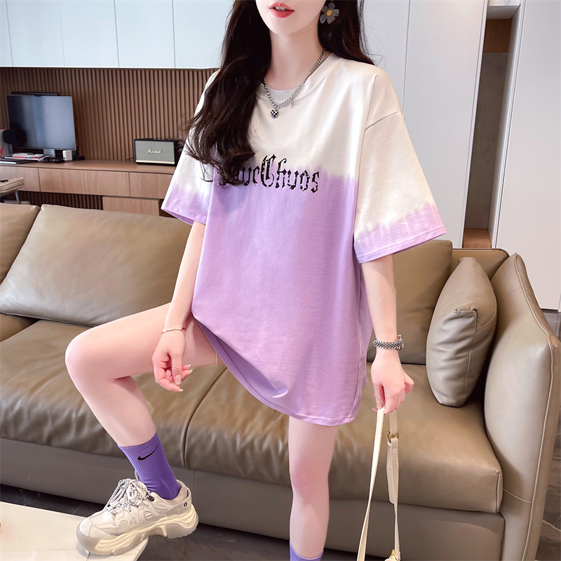 實拍 2024夏季新款韓版寬鬆漸變字母印花百搭短袖T恤女