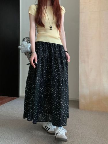 Actual shot 2024~early spring polka dot high waist skirt large hem A-line long skirt