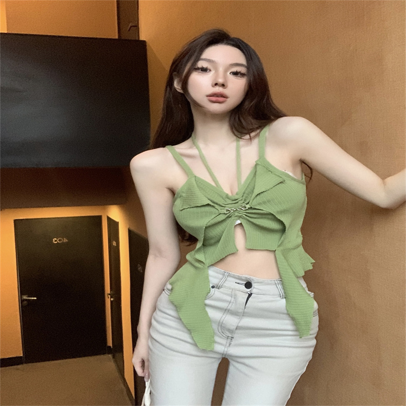 綠色別致不規則掛脖無袖小背心女內搭設計感吊帶外穿夏季短款上衣