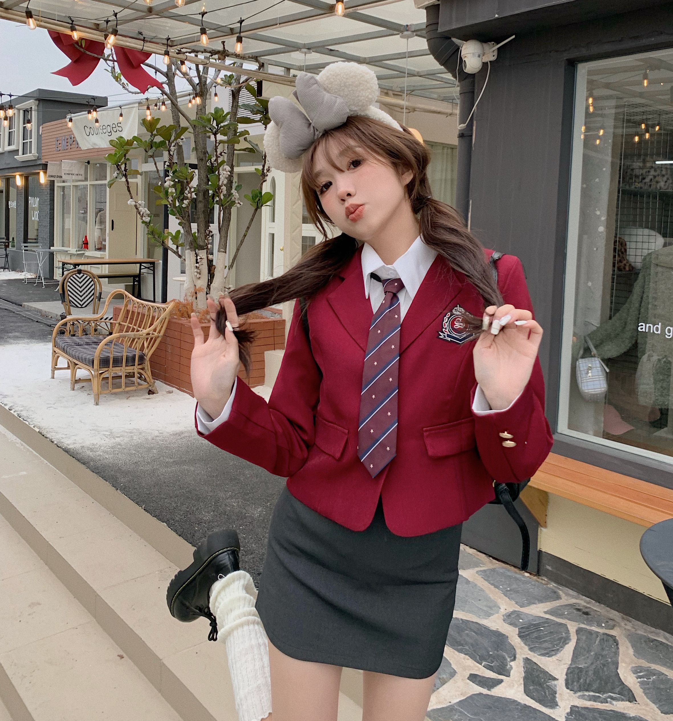 實拍高品質學院風韓系JK制服酒紅色西裝外套修身顯瘦學姐套裝