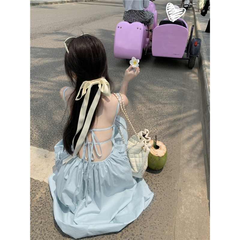法式氣質高級性感露背藍色吊帶連衣裙女三亞海邊度假沙灘a字長裙