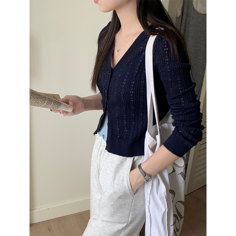Actual shot of new spring and summer hollow knitted cardigan jacket for women 2024 short solid color long-sleeved outer top