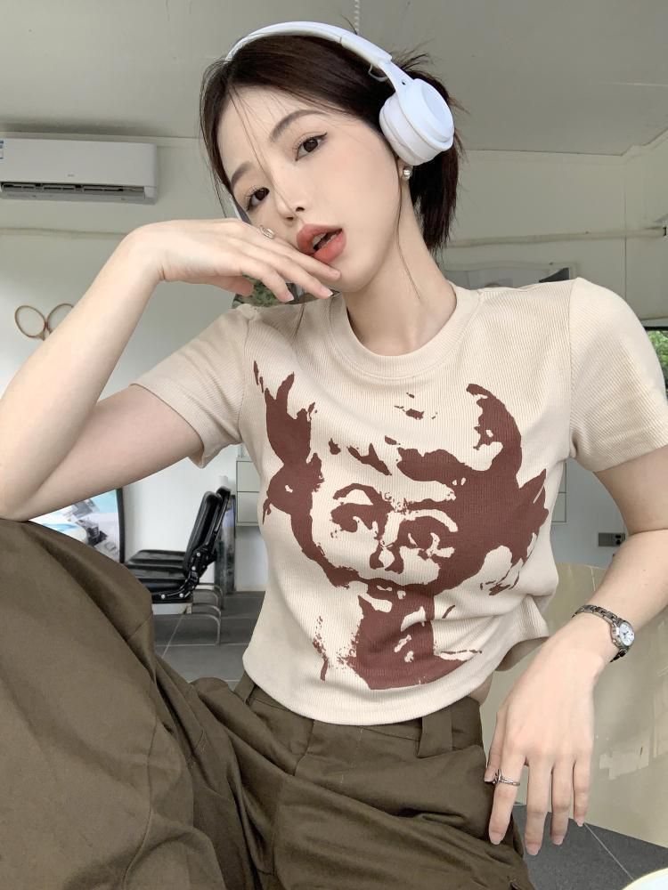羅紋 美式辣妹印花短袖夏季新款別致顯瘦短款上衣