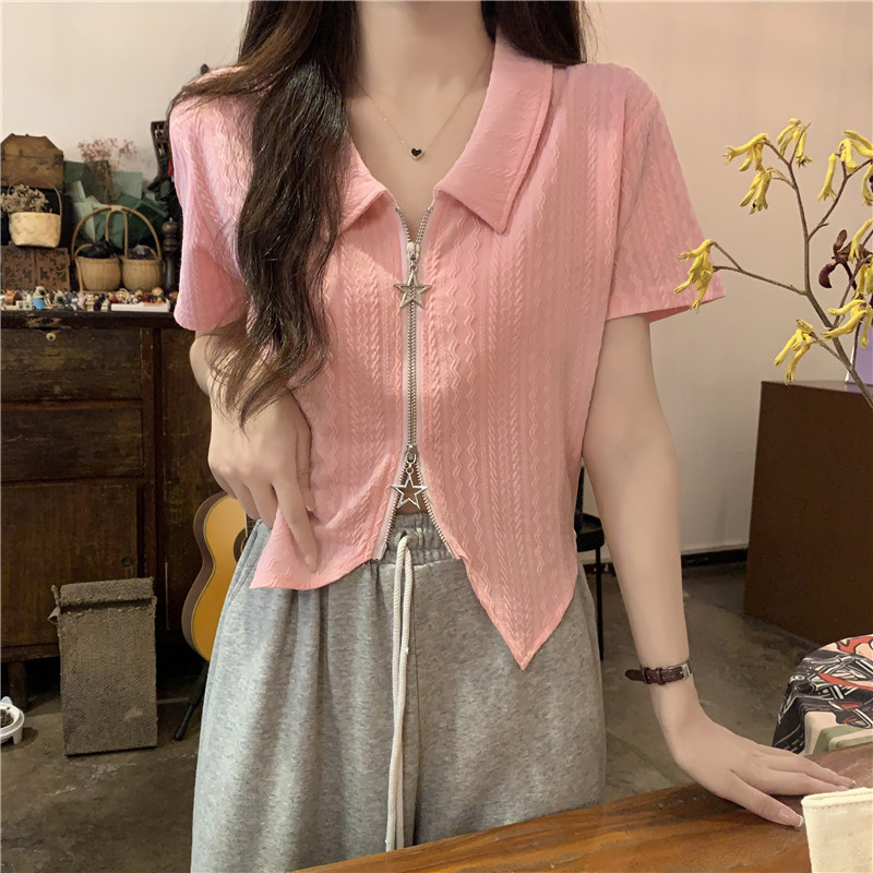 Real shot Summer Korean style slim fit pure cotton high elastic cardigan double zipper POLO collar bubble flower short short-sleeved T-shirt for women