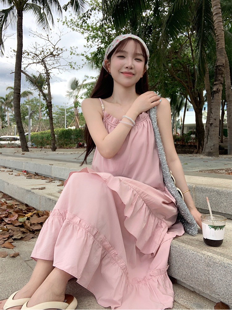 Actual shot of summer outing~Korean chic pink summer layered cake skirt suspender skirt