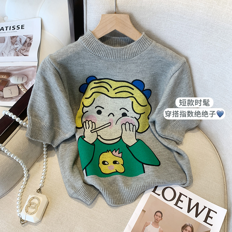 春夏季減齡套頭軟fufu毛衣女可愛卡通短袖針織衫小個子上衣