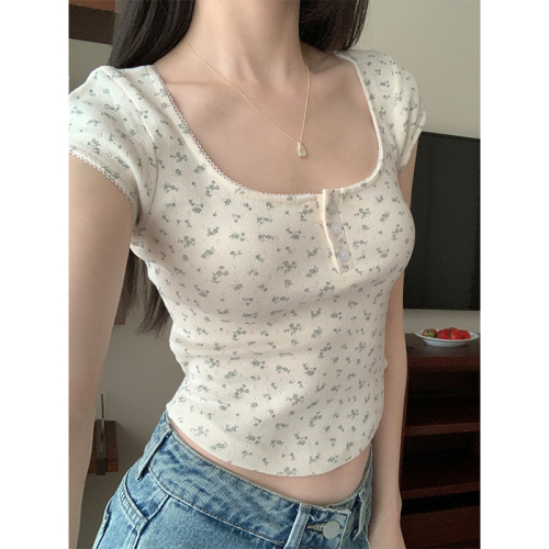 Real shot of summer short sexy floral cardigan T-shirt for women 2024 lace open collar slim short-sleeved top pure lust style