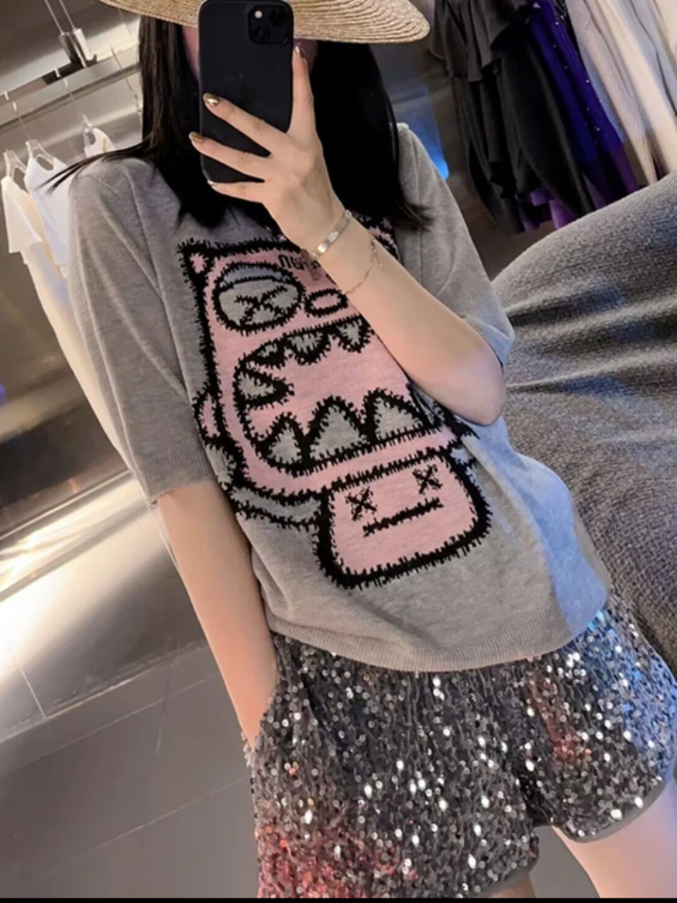 小怪獸冰麻圓領短袖針織衫女夏設計感卡通寬鬆休閒遮肉T恤上衣潮