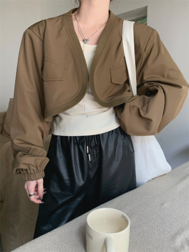 Actual shot of early spring stand-up collar short baseball shawl jacket top + vest