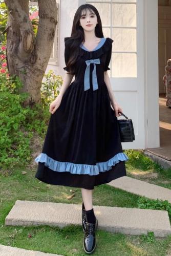 Plus size women's college style dress women's summer mid-length girl's age-reducing and slimming French retro bow skirt