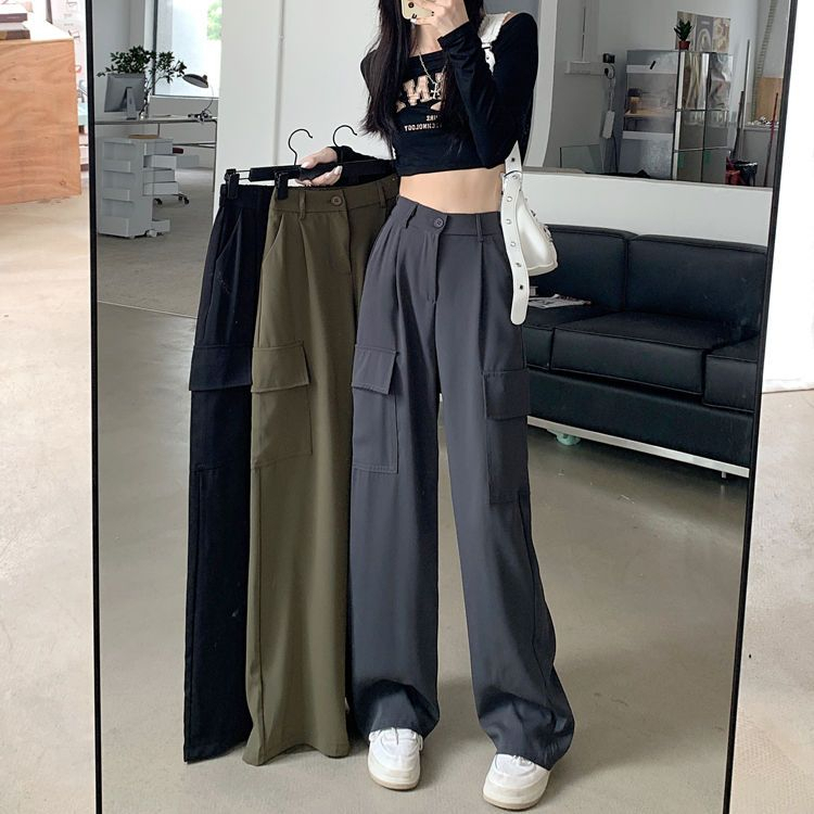 官圖薄款西裝褲女高腰垂感直筒褲鬆緊腰休閒褲西褲窄版闊腿褲長褲