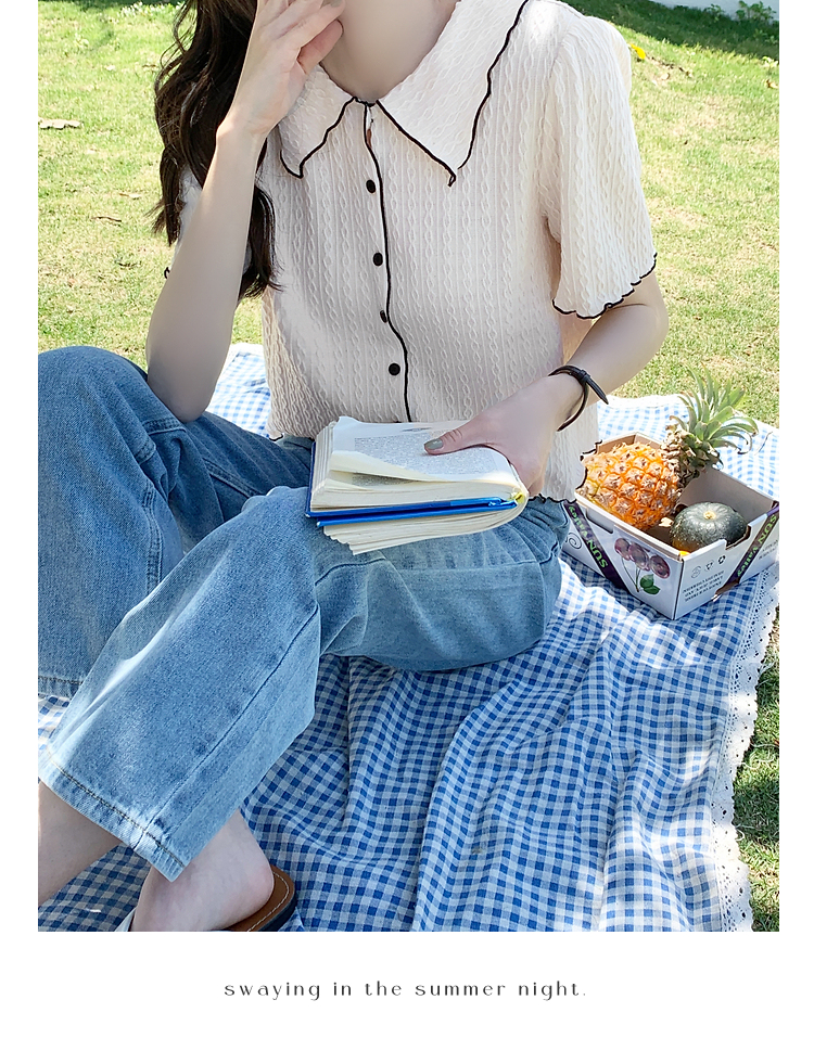 Shell puff/cute twisted edge Xiaoxiang knitted short-sleeved T-shirt women's short top summer/glutinous rice you don't bloom