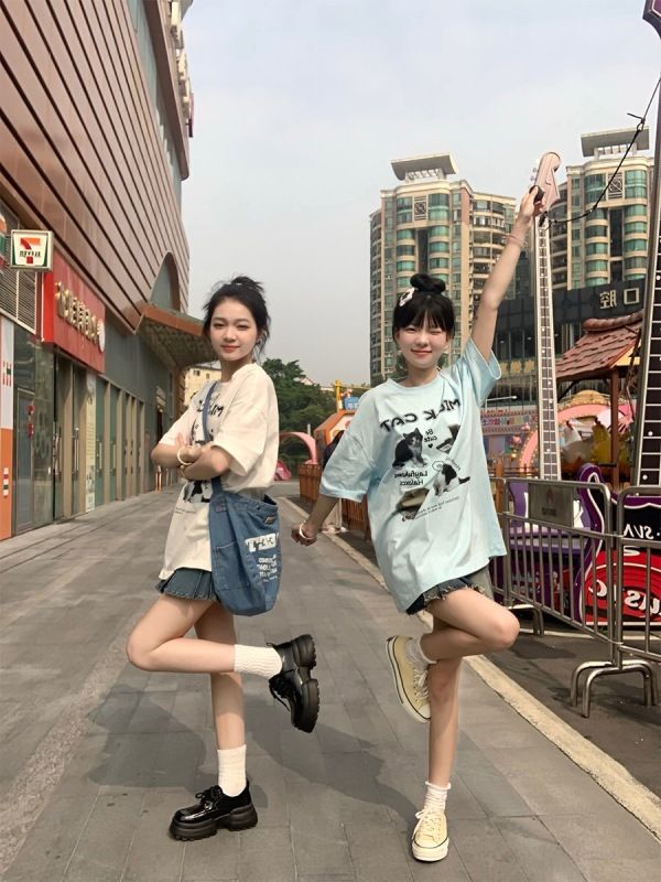 MEIM檸檬獨居女孩寵物貓咪印花短袖T恤夏季寬鬆BF潮流半袖上衣ins