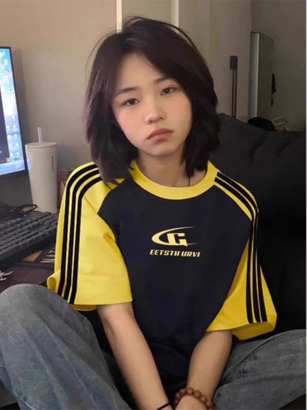 美式復古高街字母三條槓插肩t恤短袖女夏季寬鬆條紋拼色情侶上衣