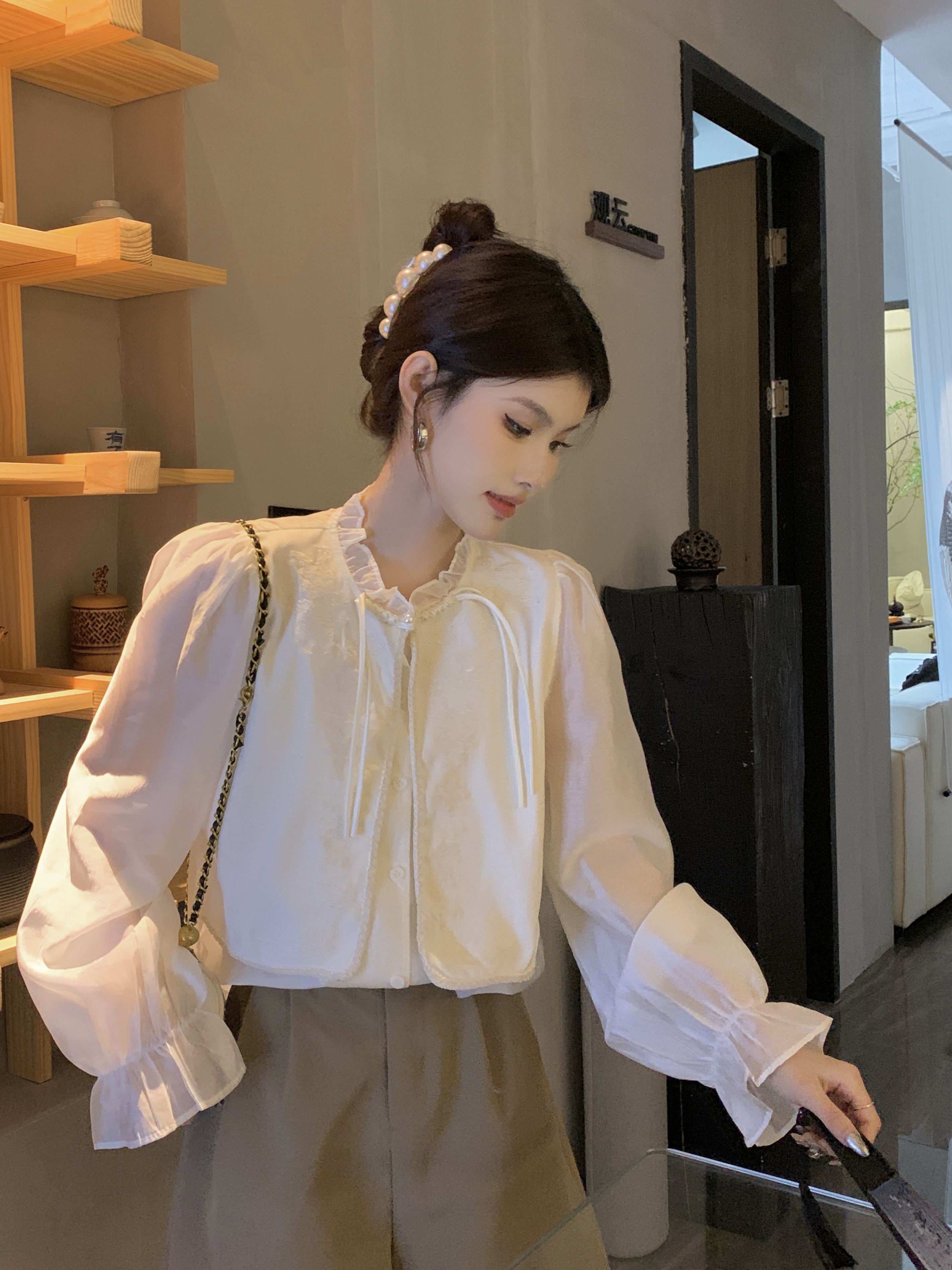 實拍 中式盤扣復古刺繡假兩件襯衫女春季高級設計感漂亮上衣
