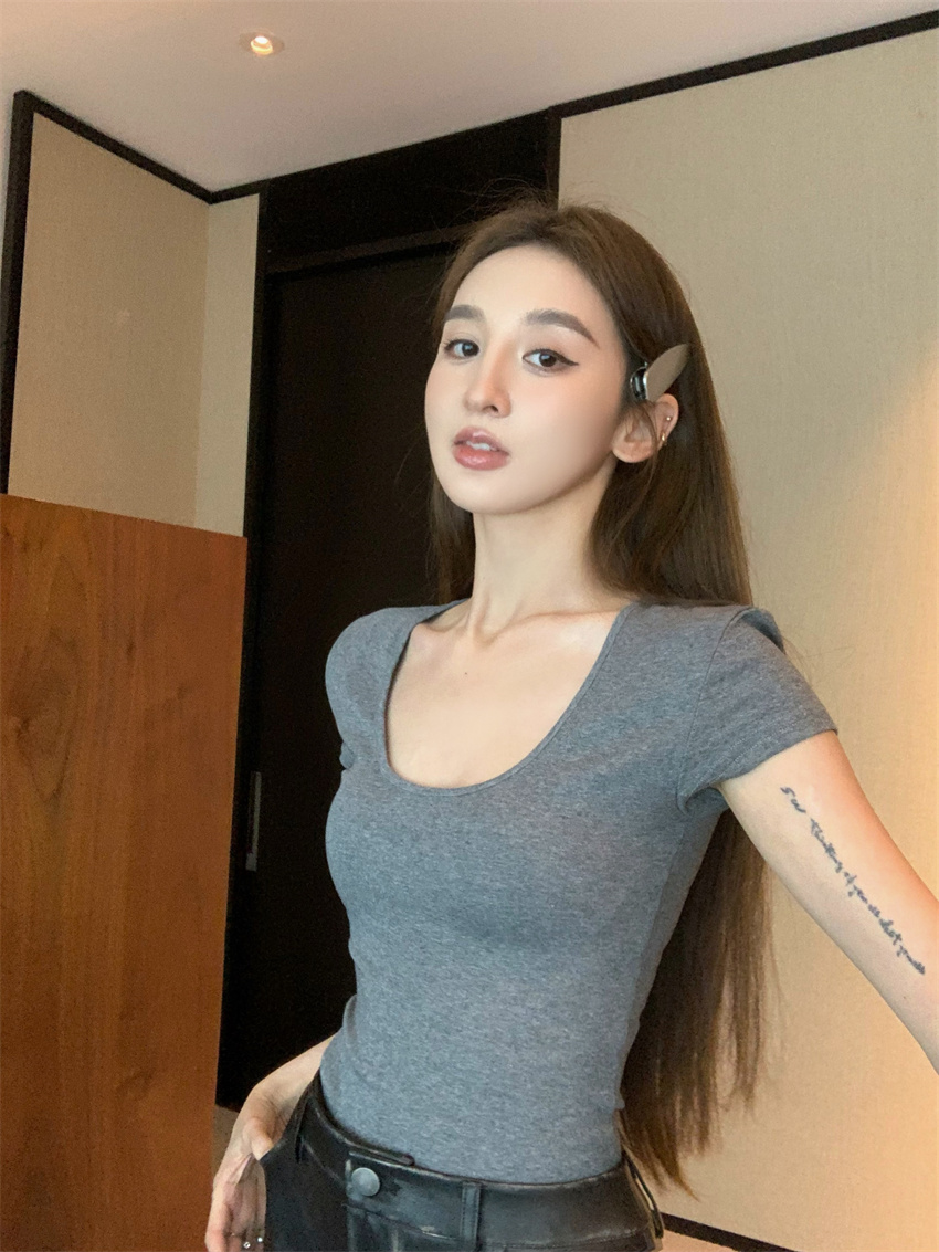 實拍  美式復古氣質百搭純色顯瘦T恤