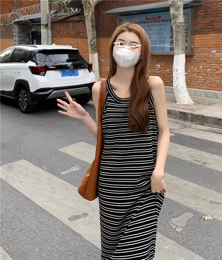 條紋針織背心連衣裙女夏季寬鬆顯瘦a字裙小個子百搭中長裙子
