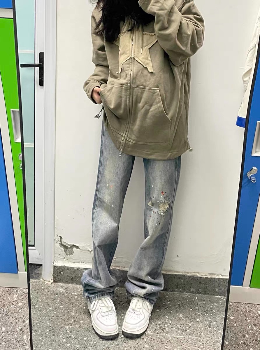 美式街頭直筒潑墨做舊破洞牛仔女2024春夏新款高腰顯瘦闊腿長褲子