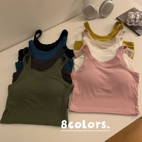 Actual shot of spring solid color versatile sports short camisole with chest pad for outer wear and beautiful back sleeveless top