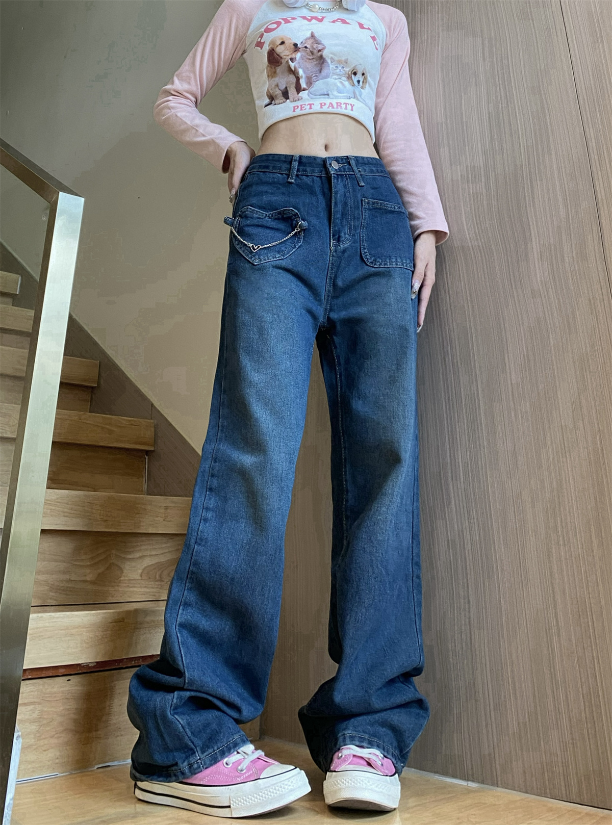 實拍~藍色愛心牛仔褲女寬鬆高街高腰顯瘦百搭直筒長褲ins