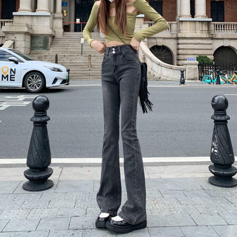 個性高腰微喇牛仔女春秋季新款寬鬆顯瘦時尚百搭闊腿拖地牛仔褲潮
