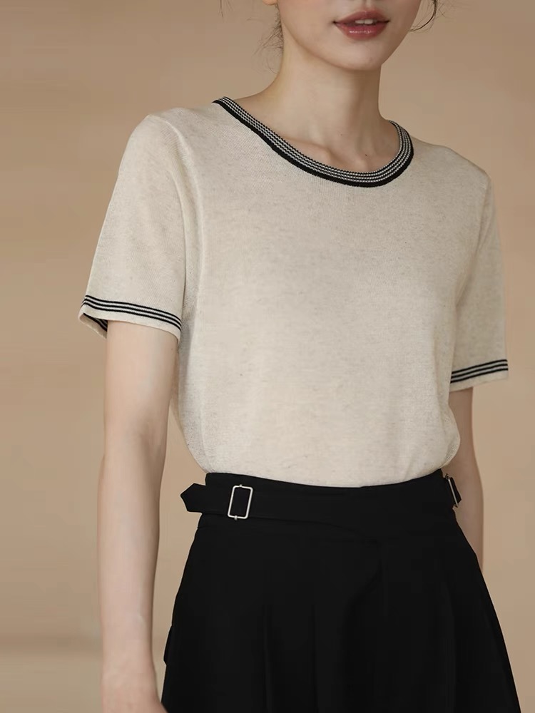 Miss Hato 23 new summer style cool breathable Tencel linen contrast embroidery thin loose knitted T-shirt for women