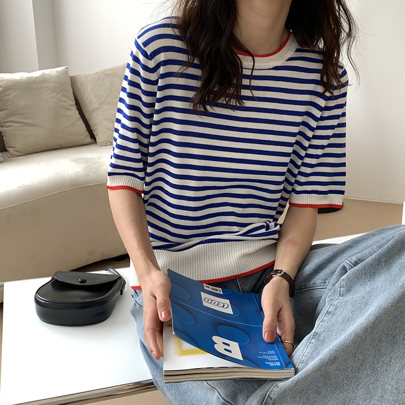 條紋針織t恤女短袖冰絲海魂衫顯瘦撞色英倫學院風薄款套頭上衣