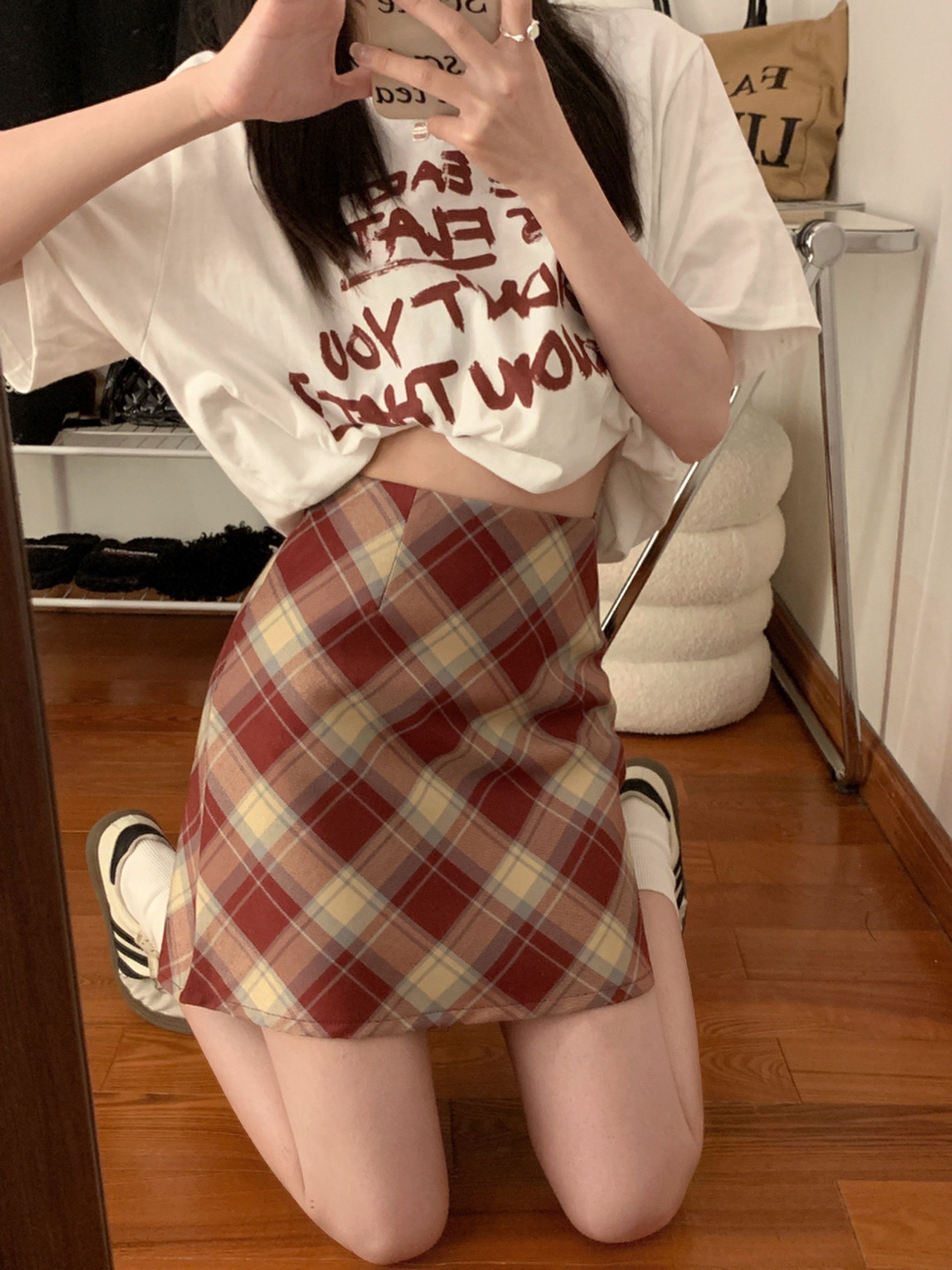 實拍 春夏款 半身裙女格子高腰復古小個子a字包臀裙短裙裙子