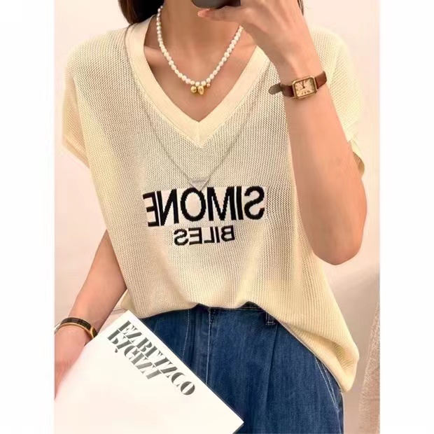European station letter short-sleeved pullover sweater 2024 summer new style fashionable flying sleeve hollow ice silk top