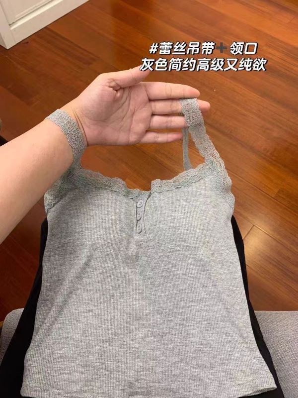 少女感滿滿！純欲修身蕾絲花邊吊帶背心女春夏修身內搭打底衫上衣
