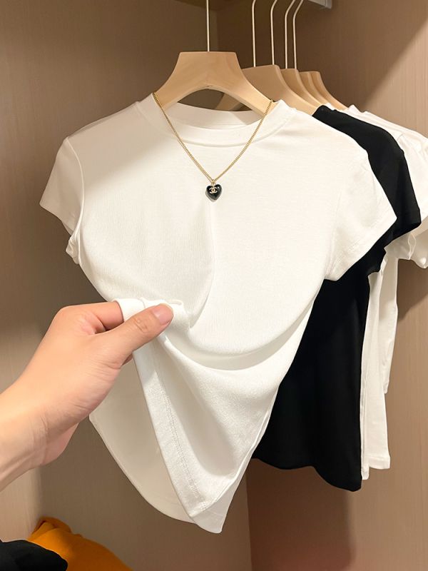 2024早春新款短袖t恤女正肩白色夏季半高領上衣服修身體恤打底衫