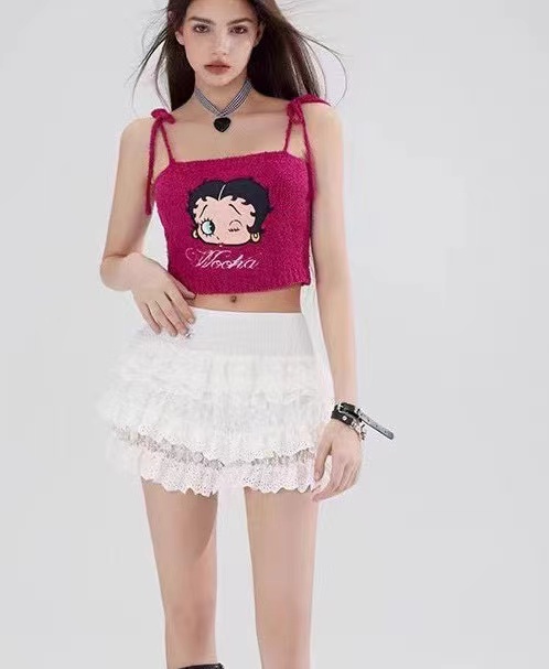 2024夏季新款設計感甜辣風少女刺繡高腰系帶吊帶