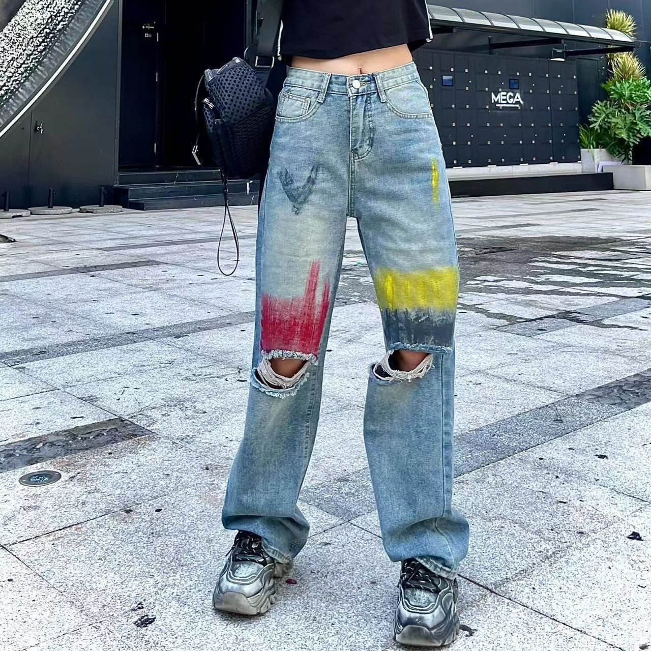 破洞直筒牛仔褲女高腰寬鬆設計感小眾闊腿褲子長褲