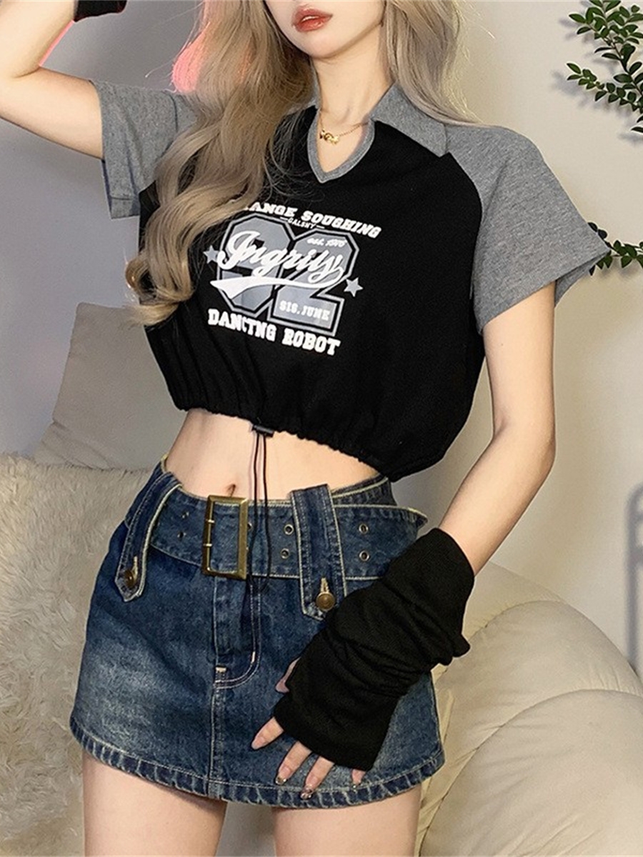 螺紋復古撞色拼接字母印花T恤女抽繩顯瘦百搭甜辣jazz設計感上衣
